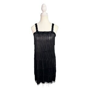 Black Fringe Flapper Dress Sequin Tassel Cocktail Party Gatsby Size M